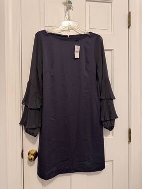 Ann Taylor Navy Long-Sleeve Shift Dress with Tiered Pleated Sleeves